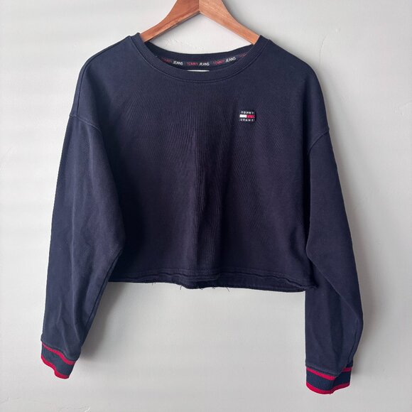 Tommy Hilfiger Oversized Navy Blue Cropped Sweatshirt Red Striped Sleeve L - Picture 1 of 6